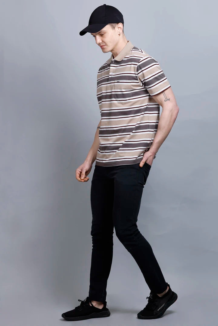 Beige Striped Half Sleeve Men Polo T-Shirt With Pocket