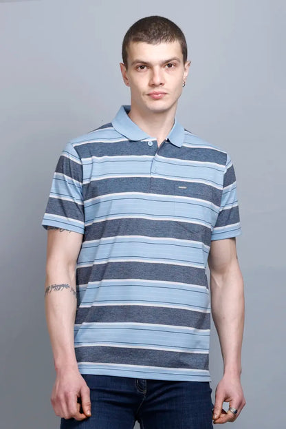 Sky Striped Half Sleeve Polo Men tshirt With Pocket