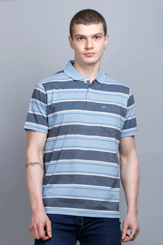 Sky Striped Half Sleeve Polo Men tshirt With Pocket