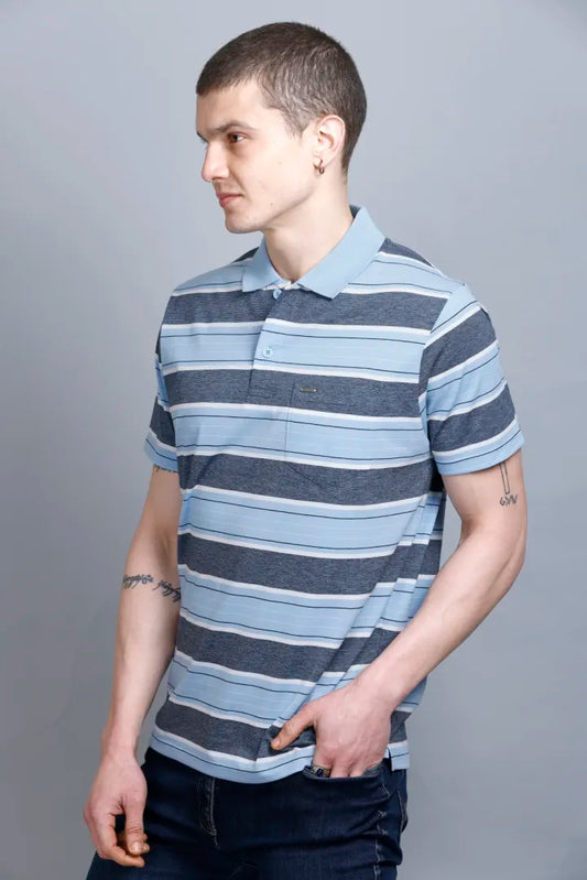 Sky Striped Half Sleeve Polo Men tshirt With Pocket