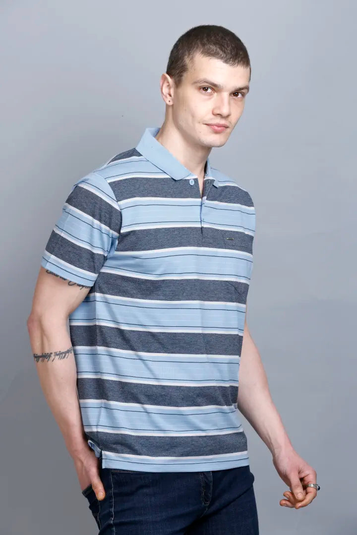 Sky Striped Half Sleeve Polo Men tshirt With Pocket