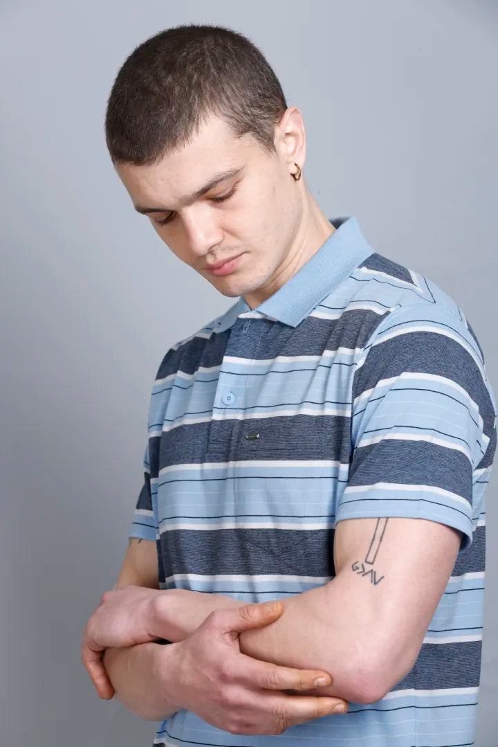 Sky Striped Half Sleeve Polo Men tshirt With Pocket