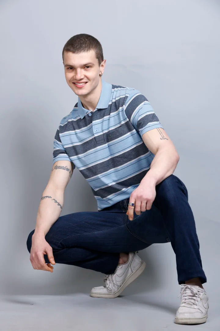 Sky Striped Half Sleeve Polo Men tshirt With Pocket