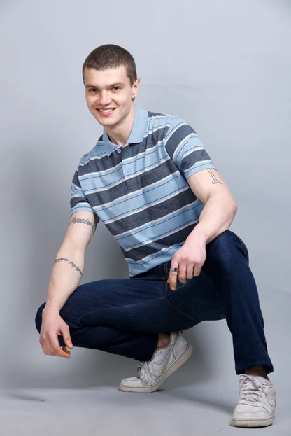 Sky Striped Half Sleeve Polo Men tshirt With Pocket