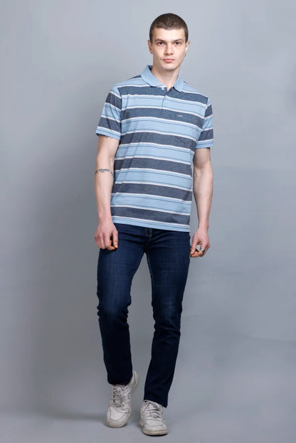Sky Striped Half Sleeve Polo Men tshirt With Pocket