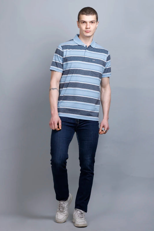 Sky Striped Half Sleeve Polo Men tshirt With Pocket