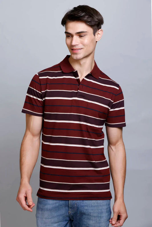 Merlot Wine Striped Half Sleeve Polo T-Shirt With Pocket