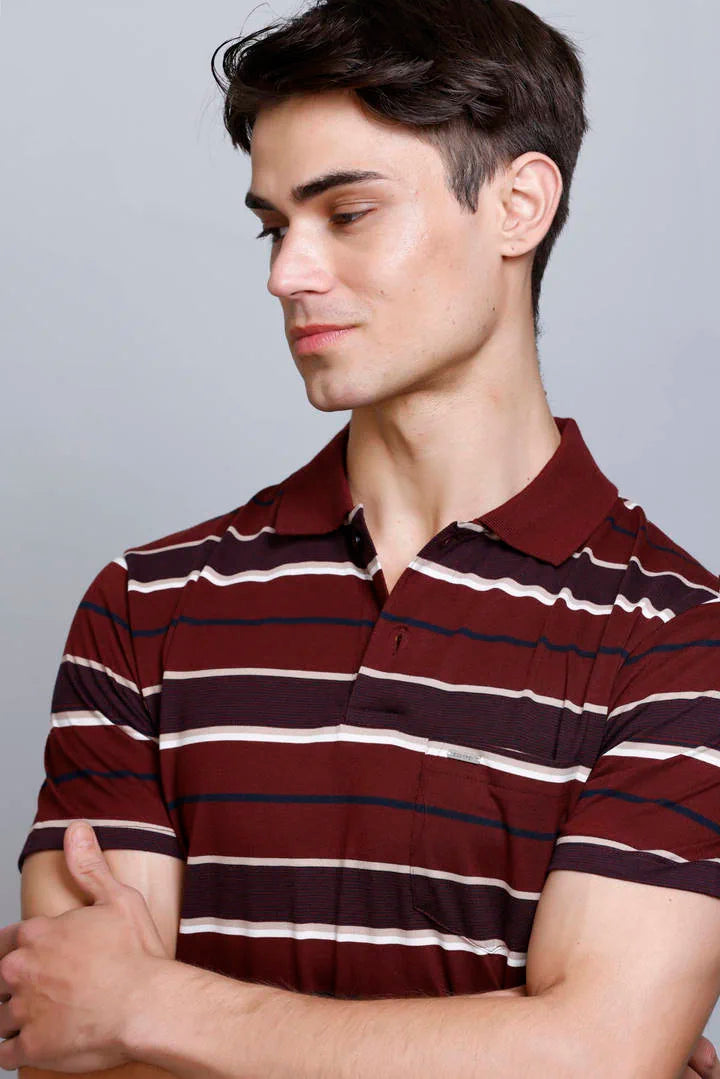Merlot Wine Striped Half Sleeve Polo T-Shirt With Pocket