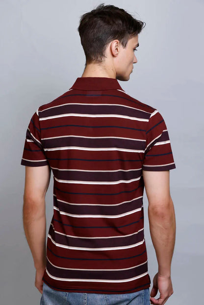 Merlot Wine Striped Half Sleeve Polo T-Shirt With Pocket