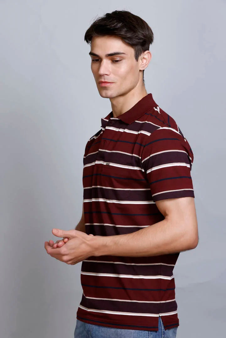 Merlot Wine Striped Half Sleeve Polo T-Shirt With Pocket