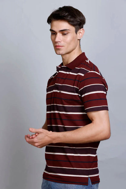 Merlot Wine Striped Half Sleeve Polo T-Shirt With Pocket