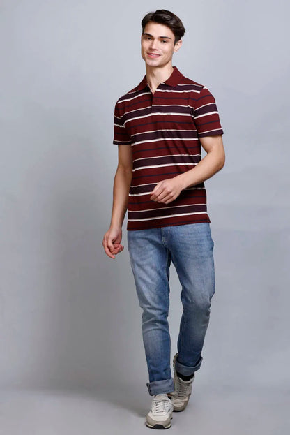 Merlot Wine Striped Half Sleeve Polo T-Shirt With Pocket