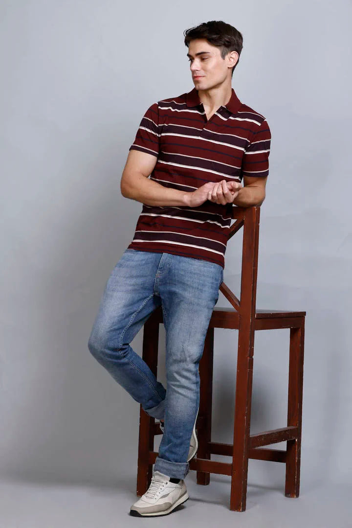 Merlot Wine Striped Half Sleeve Polo T-Shirt With Pocket