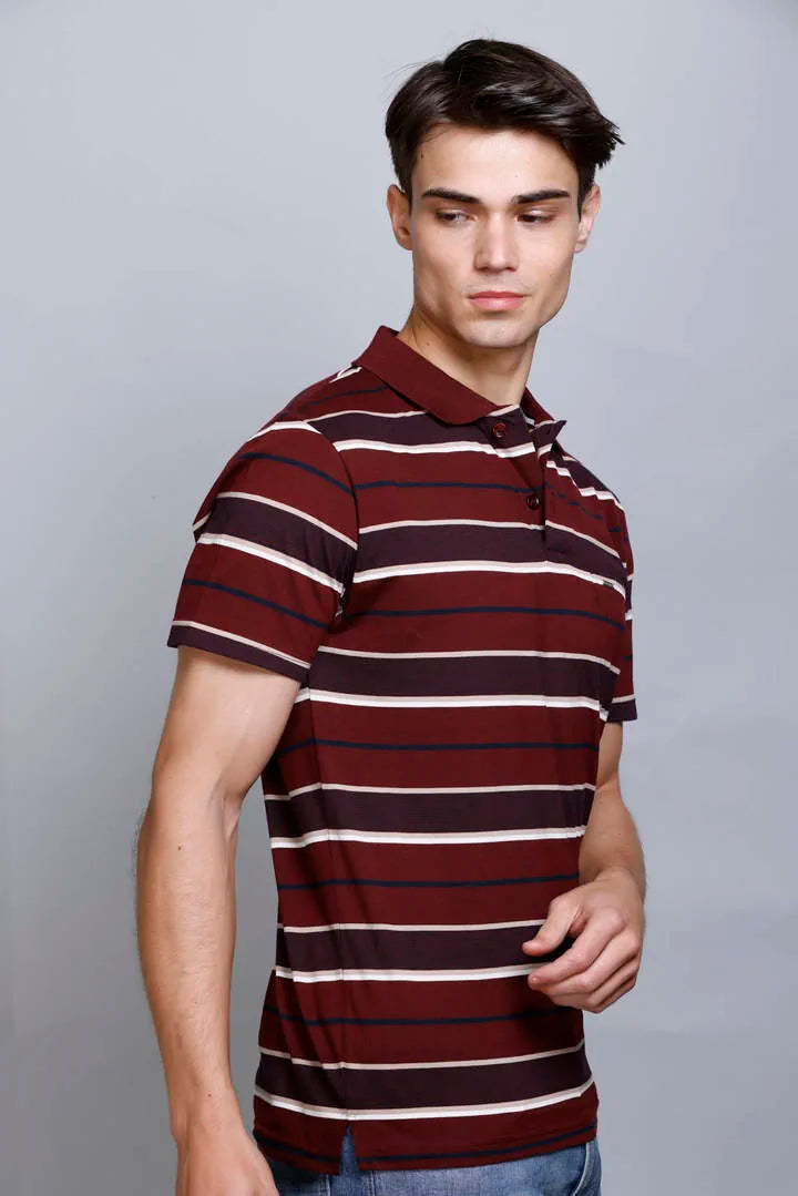 Merlot Wine Striped Half Sleeve Polo T-Shirt With Pocket