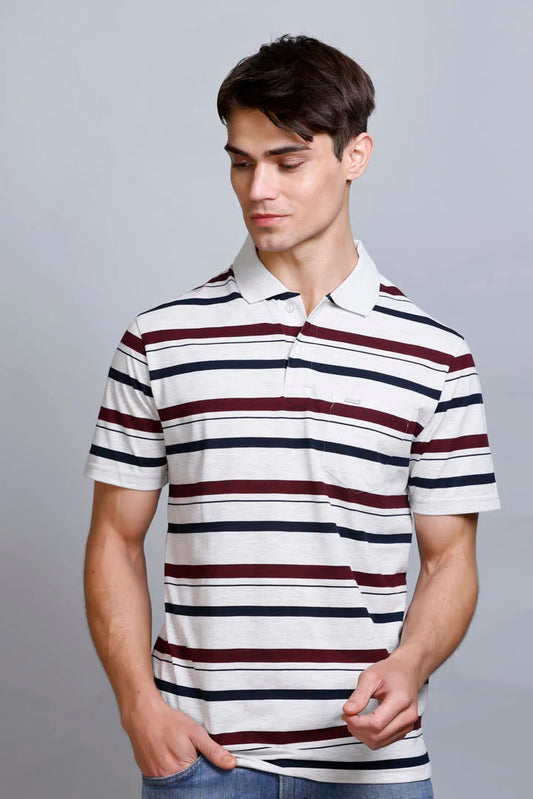 Off White Striped Half Sleeve Men Polo T-Shirt With Pocket