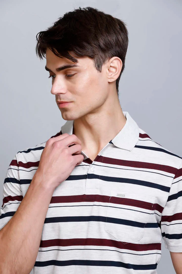 Off White Striped Half Sleeve Men Polo T-Shirt With Pocket