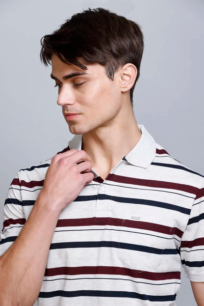 Off White Striped Half Sleeve Men Polo T-Shirt With Pocket