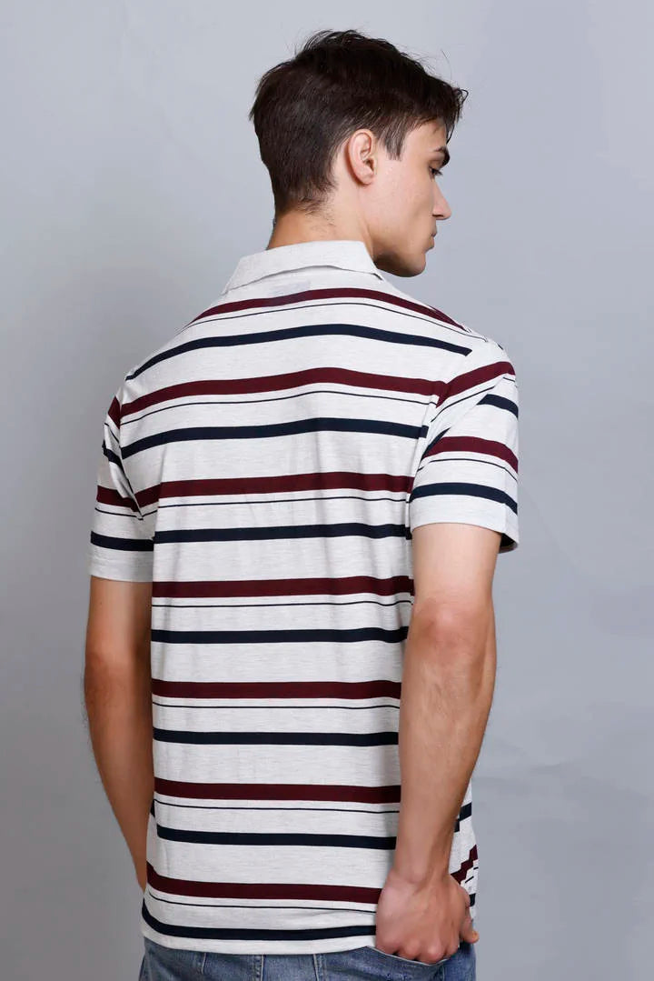 Off White Striped Half Sleeve Men Polo T-Shirt With Pocket