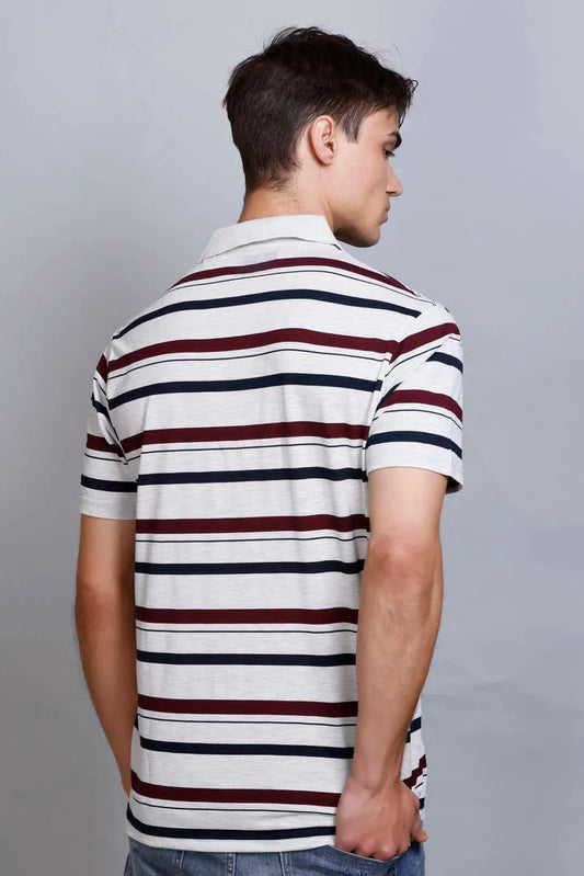 Off White Striped Half Sleeve Men Polo T-Shirt With Pocket