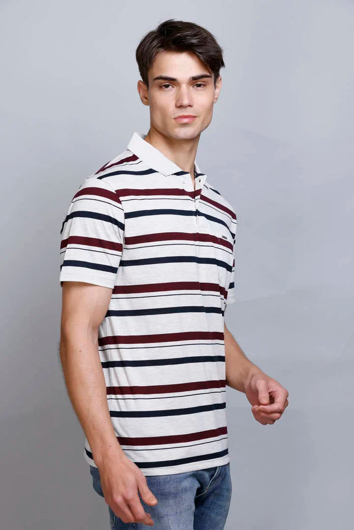 Off White Striped Half Sleeve Men Polo T-Shirt With Pocket