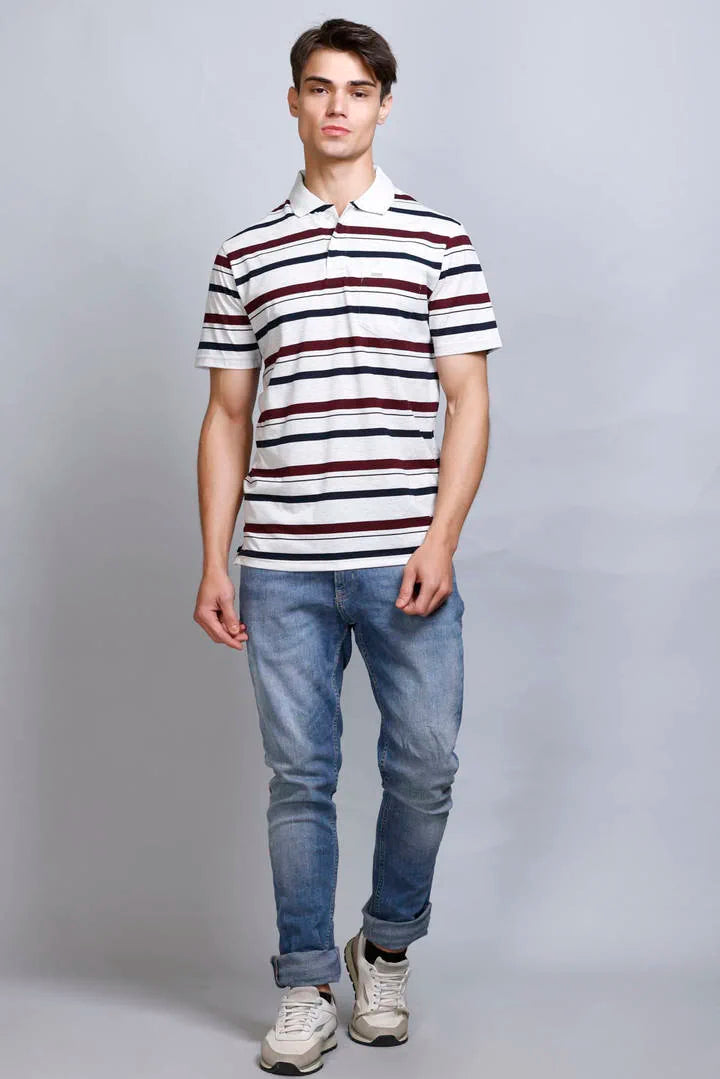 Off White Striped Half Sleeve Men Polo T-Shirt With Pocket