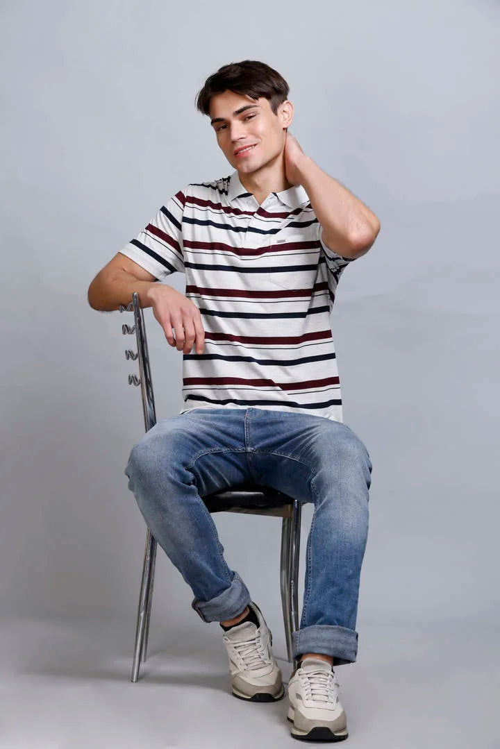 Off White Striped Half Sleeve Men Polo T-Shirt With Pocket
