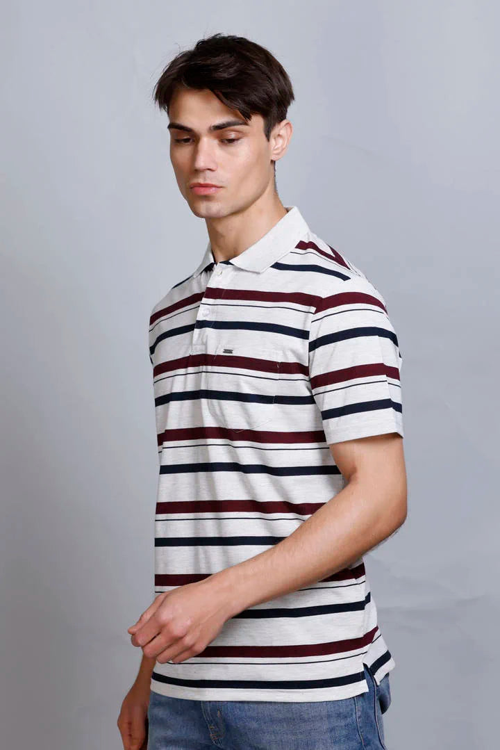 Off White Striped Half Sleeve Men Polo T-Shirt With Pocket