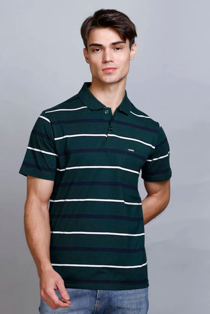 Pine Green Striped Half Sleeve Polo T-Shirt With Pocket