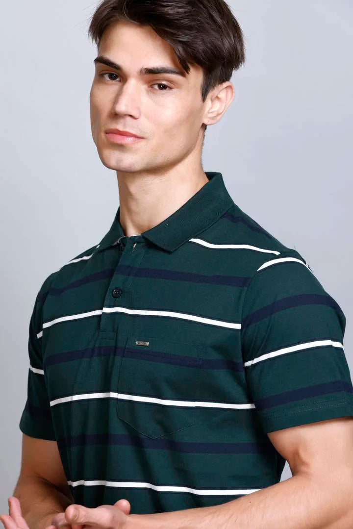 Pine Green Striped Half Sleeve Polo T-Shirt With Pocket