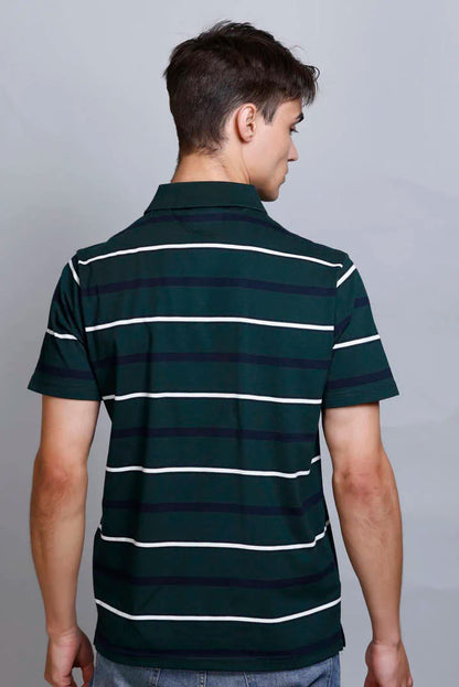 Pine Green Striped Half Sleeve Polo T-Shirt With Pocket