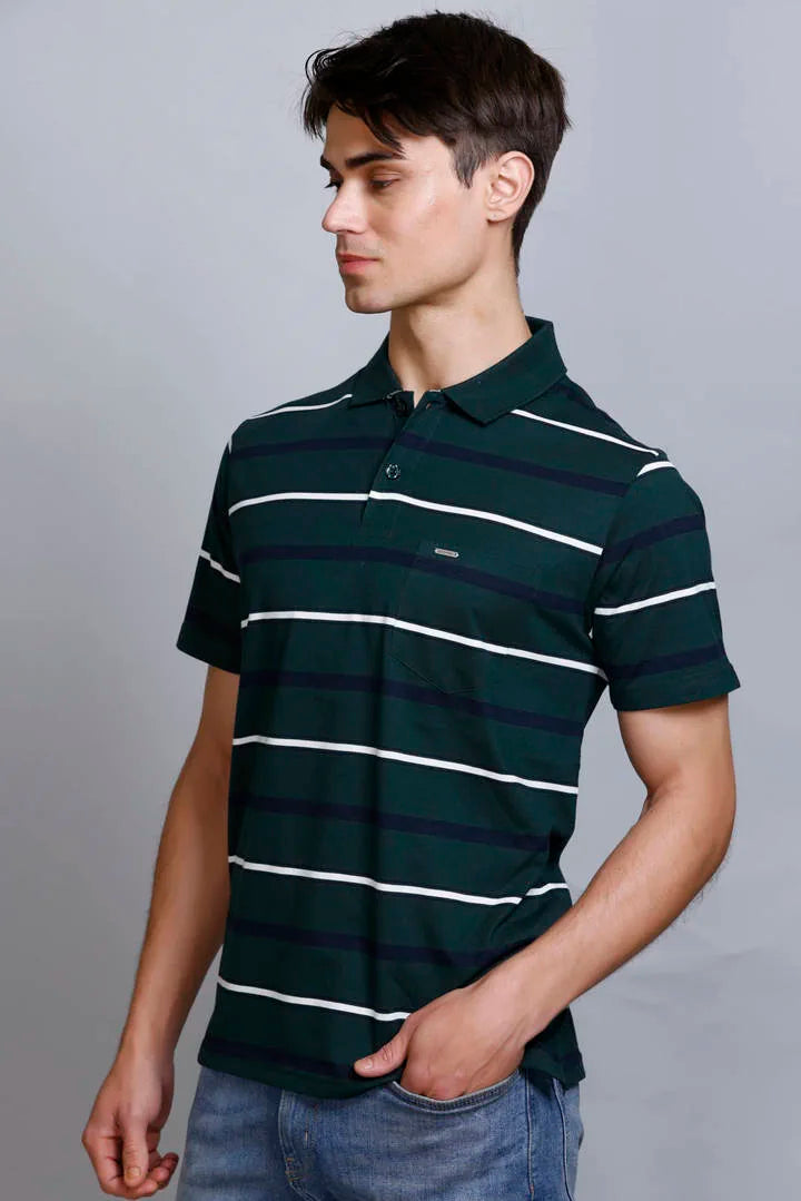 Pine Green Striped Half Sleeve Polo T-Shirt With Pocket