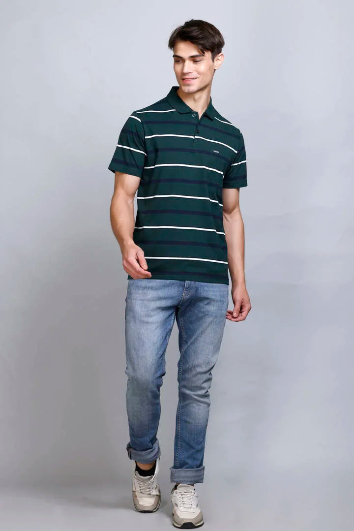 Pine Green Striped Half Sleeve Polo T-Shirt With Pocket