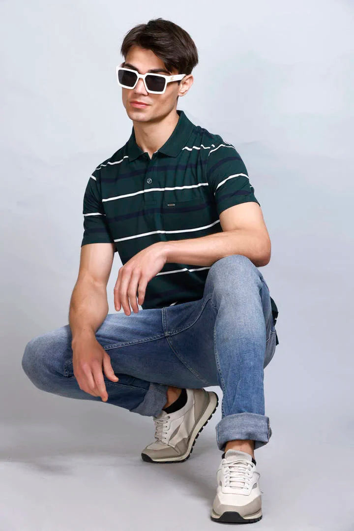 Pine Green Striped Half Sleeve Polo T-Shirt With Pocket