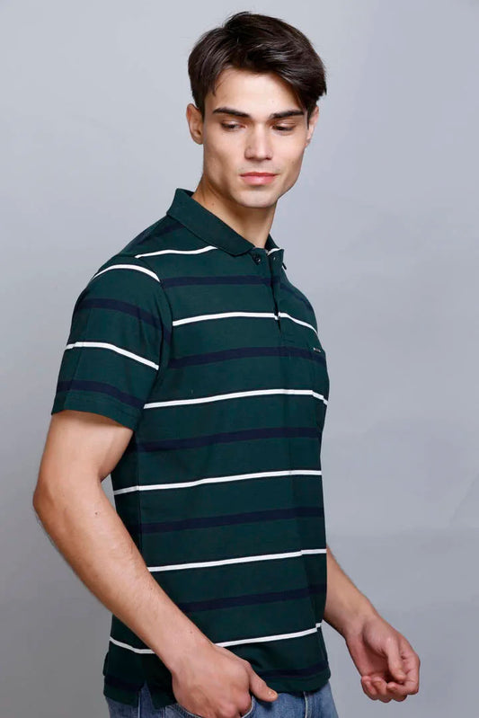 Pine Green Striped Half Sleeve Polo T-Shirt With Pocket