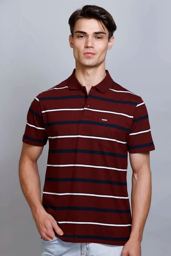Merlot Wine Striped Half Sleeve Men Polo T-Shirt With Pocket