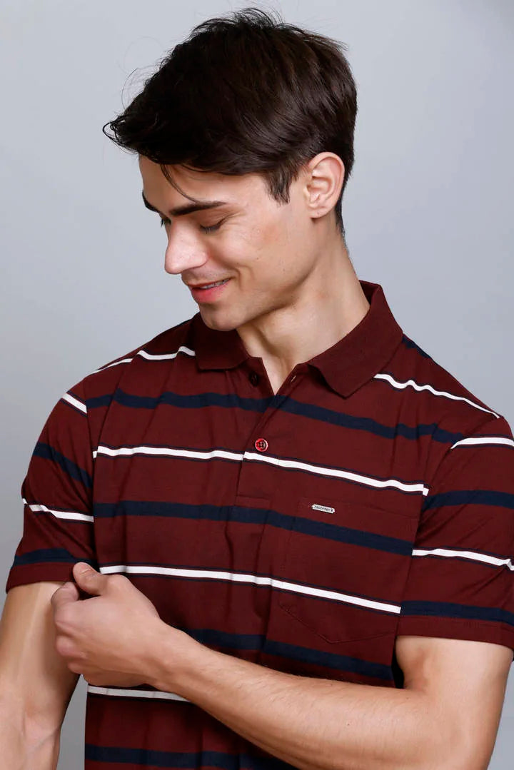 Merlot Wine Striped Half Sleeve Men Polo T-Shirt With Pocket