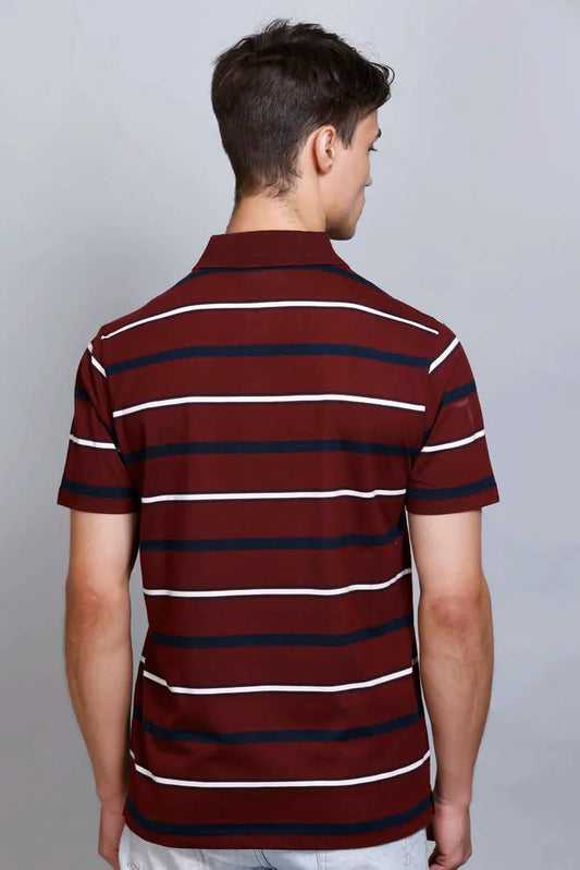 Merlot Wine Striped Half Sleeve Men Polo T-Shirt With Pocket