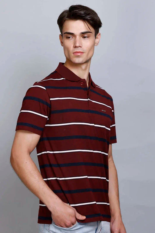 Merlot Wine Striped Half Sleeve Men Polo T-Shirt With Pocket