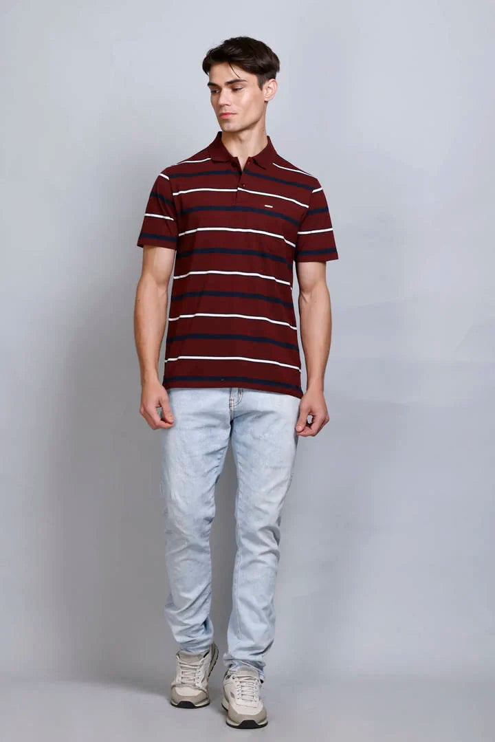 Merlot Wine Striped Half Sleeve Men Polo T-Shirt With Pocket