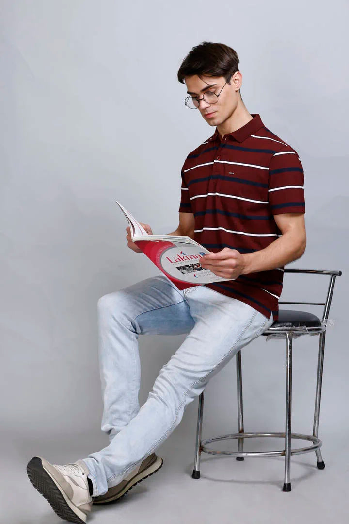 Merlot Wine Striped Half Sleeve Men Polo T-Shirt With Pocket