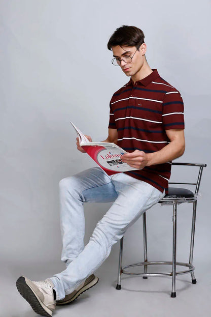Merlot Wine Striped Half Sleeve Men Polo T-Shirt With Pocket