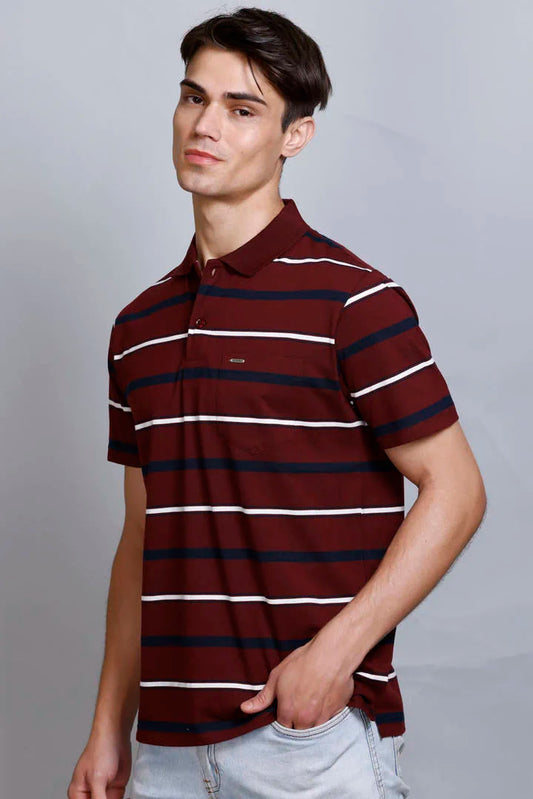 Merlot Wine Striped Half Sleeve Men Polo T-Shirt With Pocket