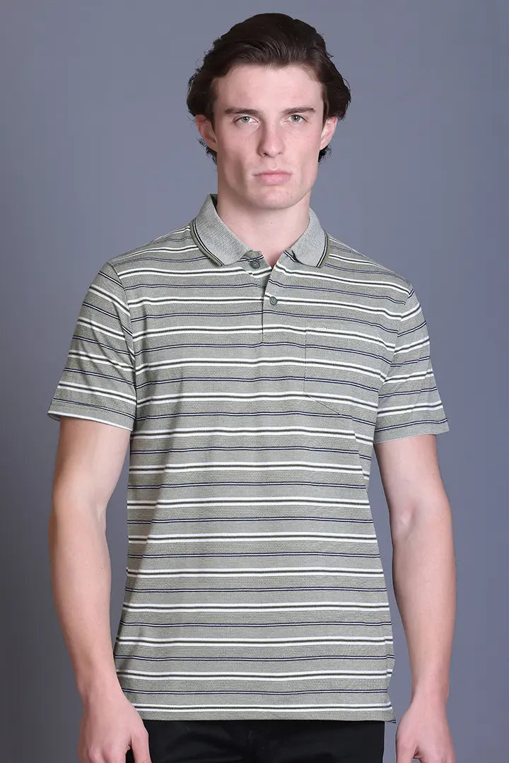 Olive Striped Half Sleeve Polo T-Shirt for Men With Pocket