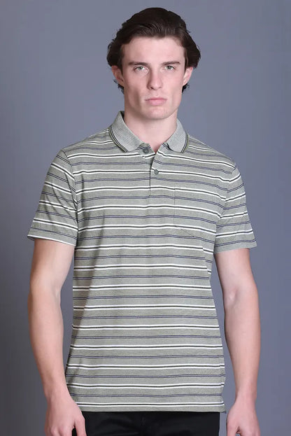 Olive Striped Half Sleeve Polo T-Shirt for Men With Pocket
