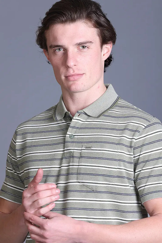 Olive Striped Half Sleeve Polo T-Shirt for Men With Pocket