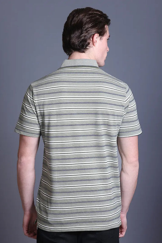 Olive Striped Half Sleeve Polo T-Shirt for Men With Pocket