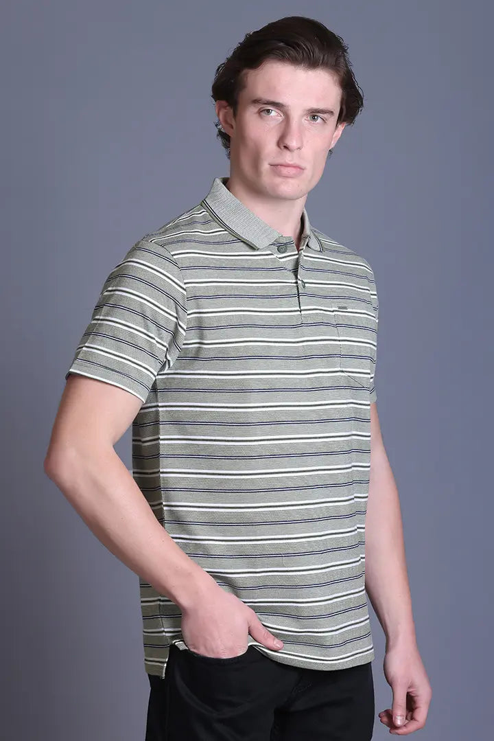 Olive Striped Half Sleeve Polo T-Shirt for Men With Pocket