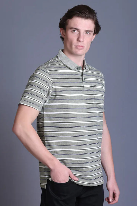Olive Striped Half Sleeve Polo T-Shirt for Men With Pocket