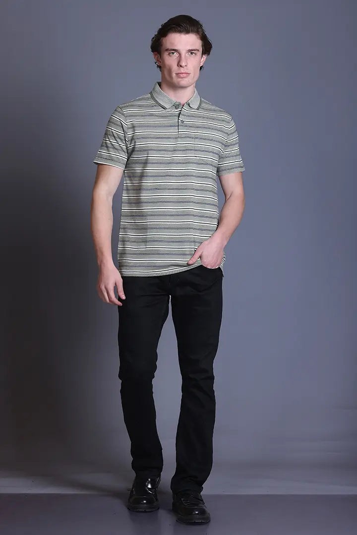 Olive Striped Half Sleeve Polo T-Shirt for Men With Pocket