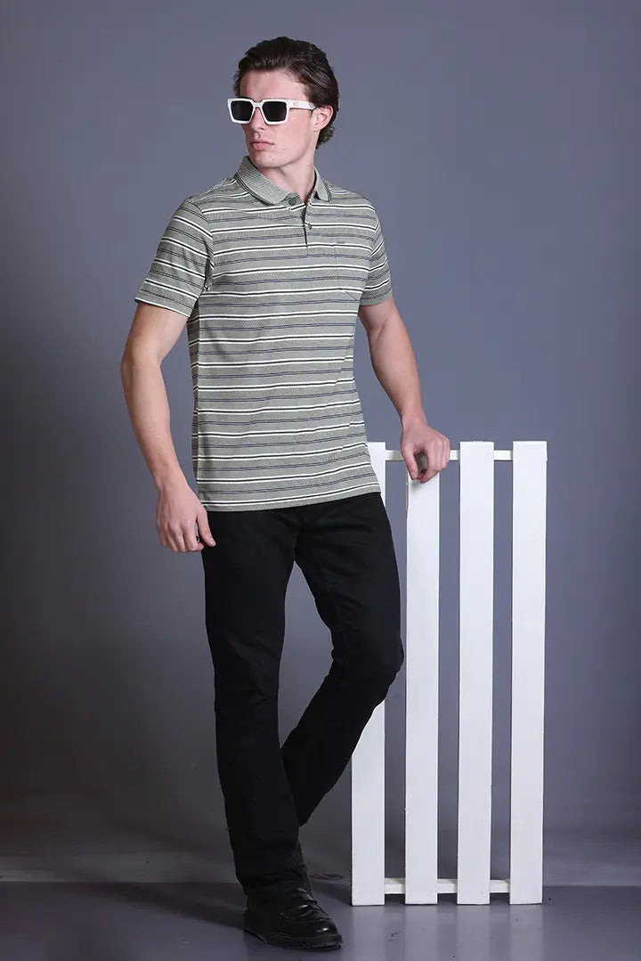 Olive Striped Half Sleeve Polo T-Shirt for Men With Pocket